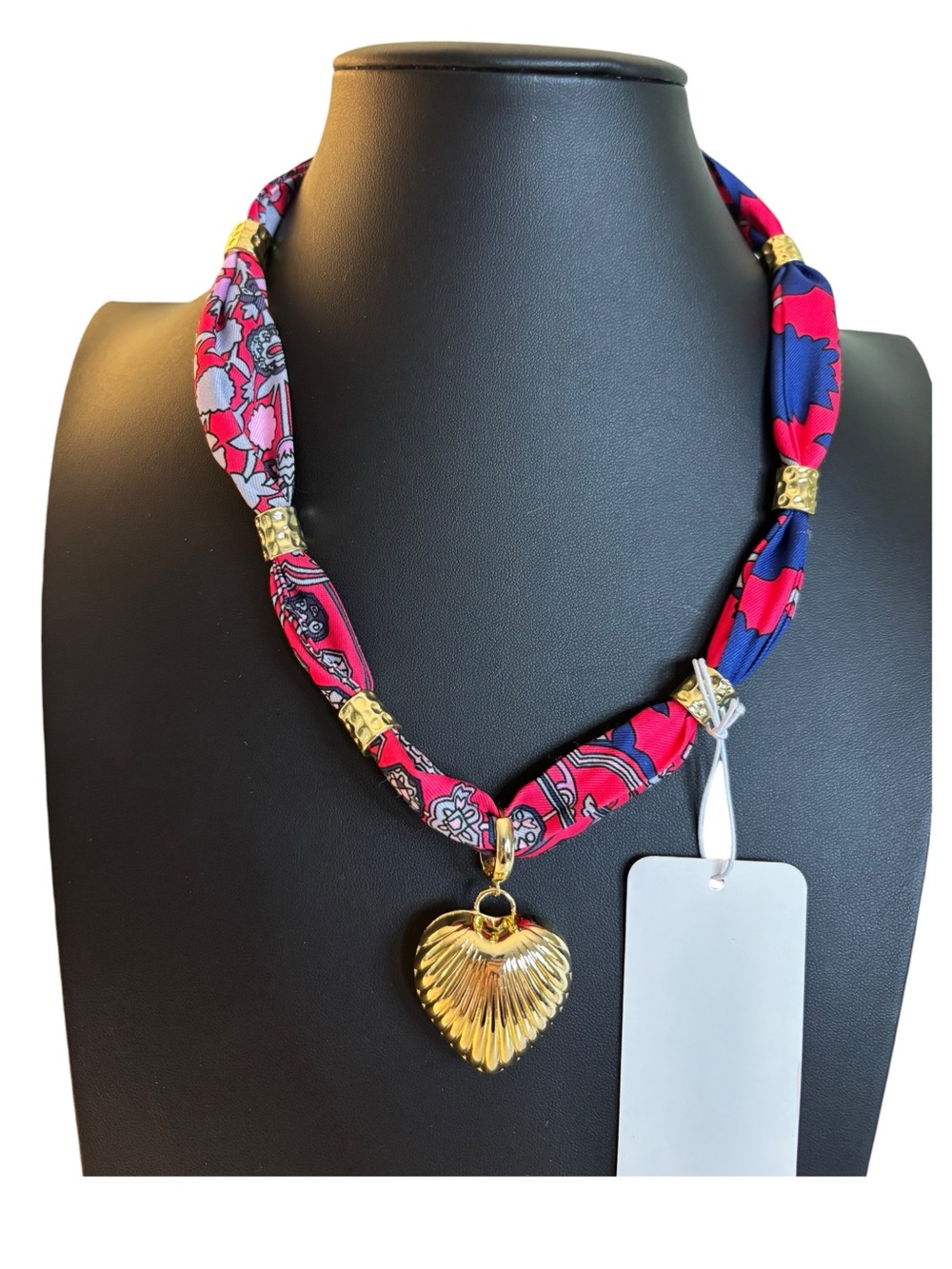 Gemelli Red & Blue Scarf Necklace W/ Gold Tone Puff Heart Pendant.